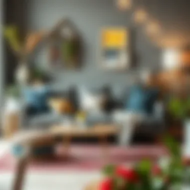 Cozy gray sofa surrounded by vibrant cushions and accessories