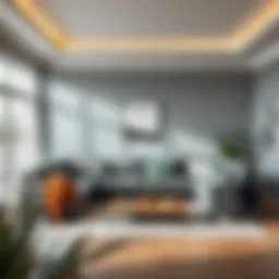 A contemporary living room featuring grey sofas and a complementary wall color.