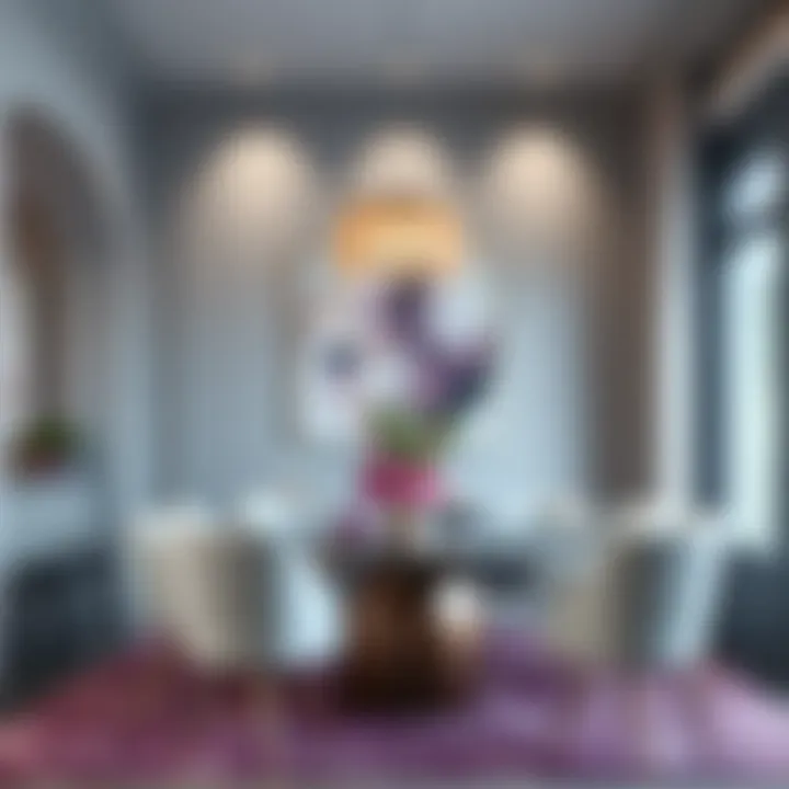 Chic Dining Area Incorporating Gray and Purple Tones