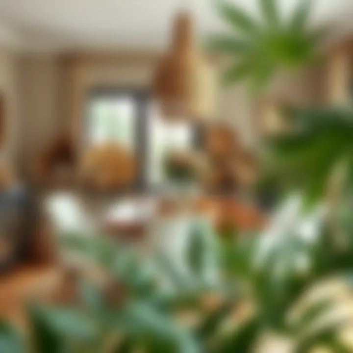 Elegant dining area decorated with natural fiber baskets