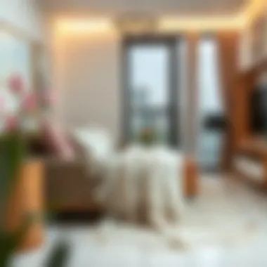 A modern living space adorned with artistic towel lace decorations