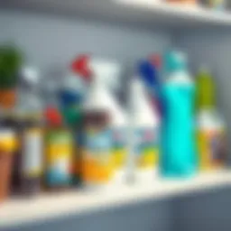 Organized cleaning supplies arranged neatly on a shelf.