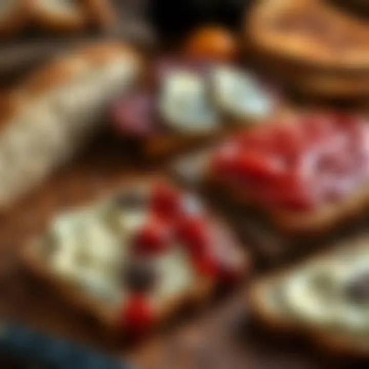 Sliced homemade bread with a variety of spreads