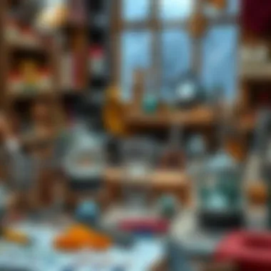 An artist's workspace filled with tools for crafting snow globes.