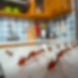 A close-up view of ants on a kitchen counter, highlighting their movement and behavior.