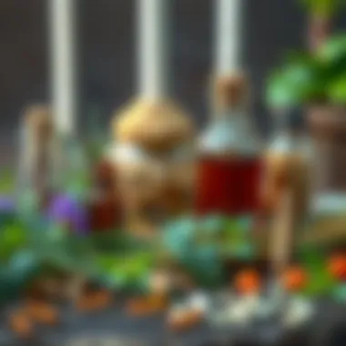 A natural remedy setup with essential oils and herbs known to repel ants, showcasing a vibrant and organic environment.