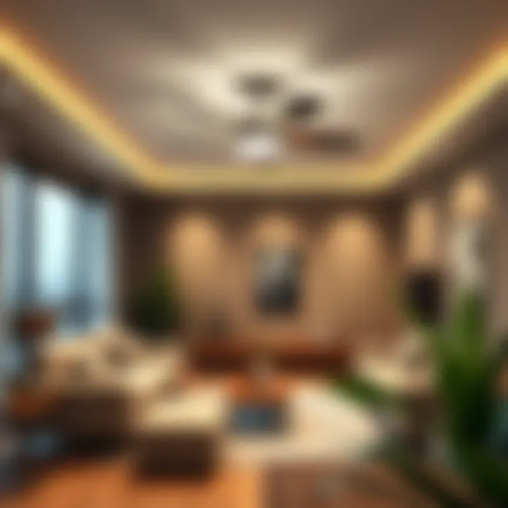 Energy efficient ceiling fan in a contemporary living room