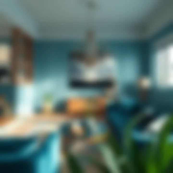 A striking interior featuring deep teal accents