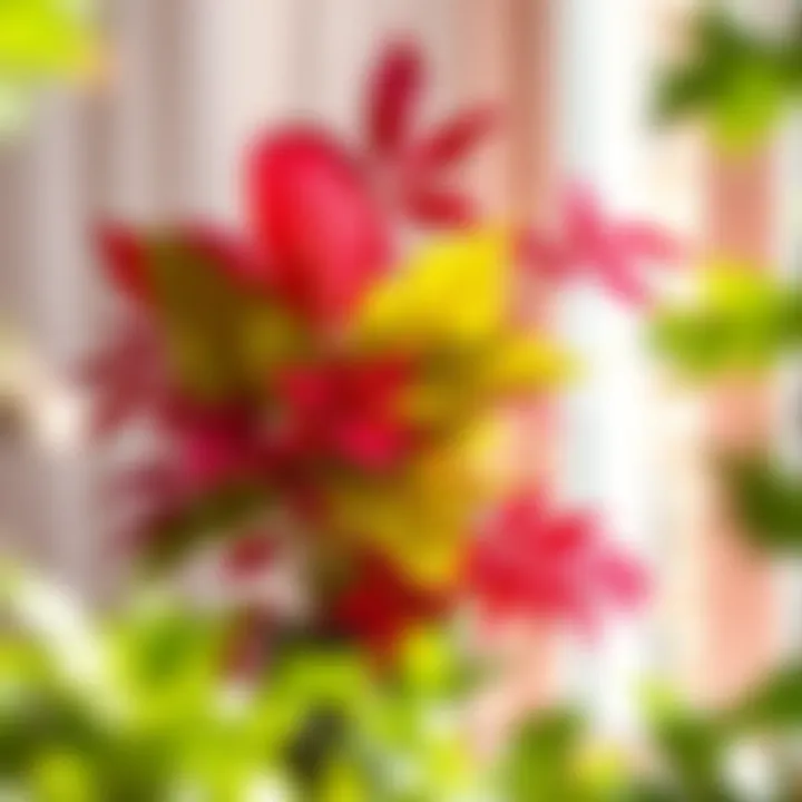 A vibrant large leafy plant placed beside a window
