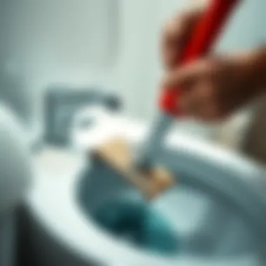 Visual representation of a plunger being used to clear a clog
