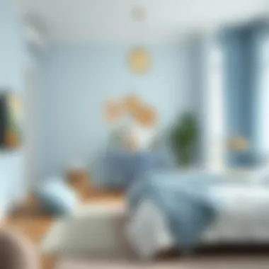 A beautifully styled bedroom featuring light blue decor elements and calming ambiance