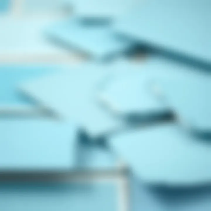 A close-up view of light blue paint swatches arranged aesthetically for selection