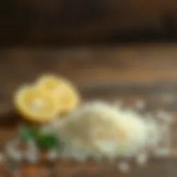 Lemon salt granules on a wooden surface