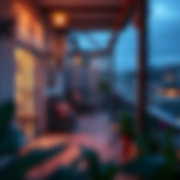 Charming Long Balcony Ambiance Charming long balcony with ambient lighting and decor