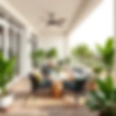 Elegant Long Balcony Design Elegant long balcony decorated with modern furniture and plants