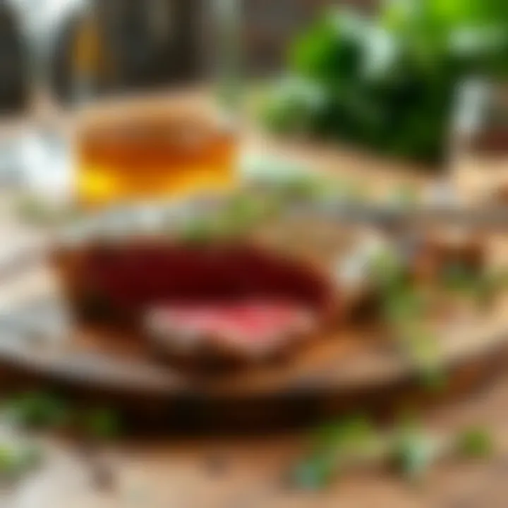 Juicy ribeye steak served on a wooden board with herbs