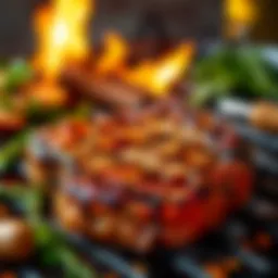 Sizzling marbled ribeye steak on the grill
