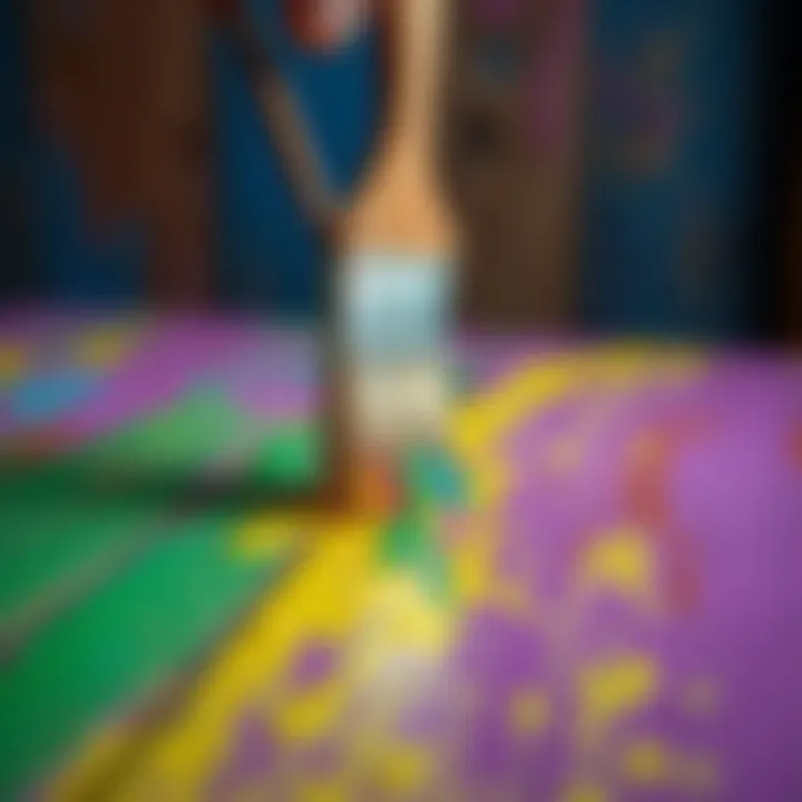 A brush applying a vibrant color to a wooden surface