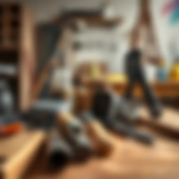 An assortment of painting tools set on a workbench