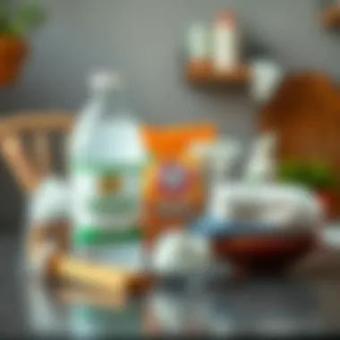 Natural cleaning ingredients like vinegar and baking soda on a countertop