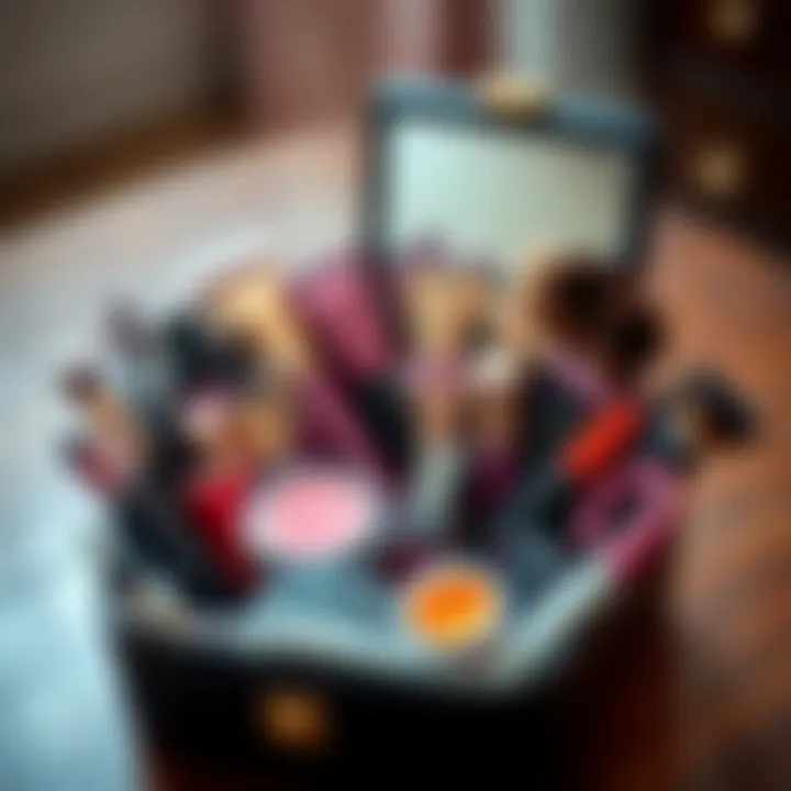 Arrangement of makeup tools and accessories inside a stylish box