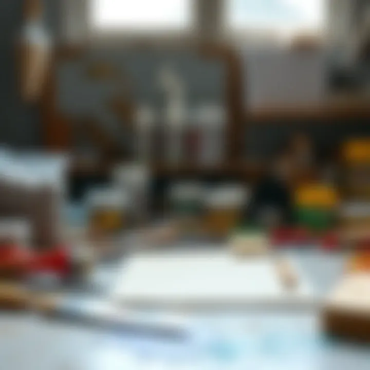 Tools and materials laid out for cabinet painting