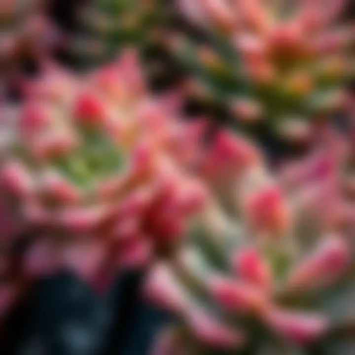 Close-up of pink succulent flowers surrounded by green leaves
