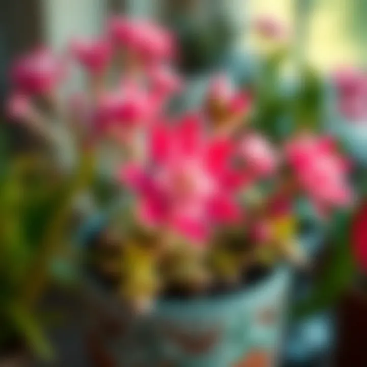 Beautiful pink flowering succulent in a decorative pot