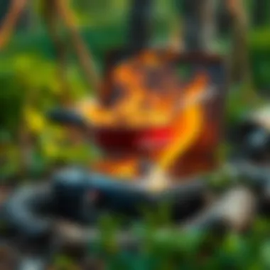 A portable stove with a camping meal simmering, surrounded by nature