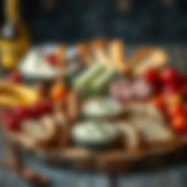 A rustic wooden platter featuring diverse spreads