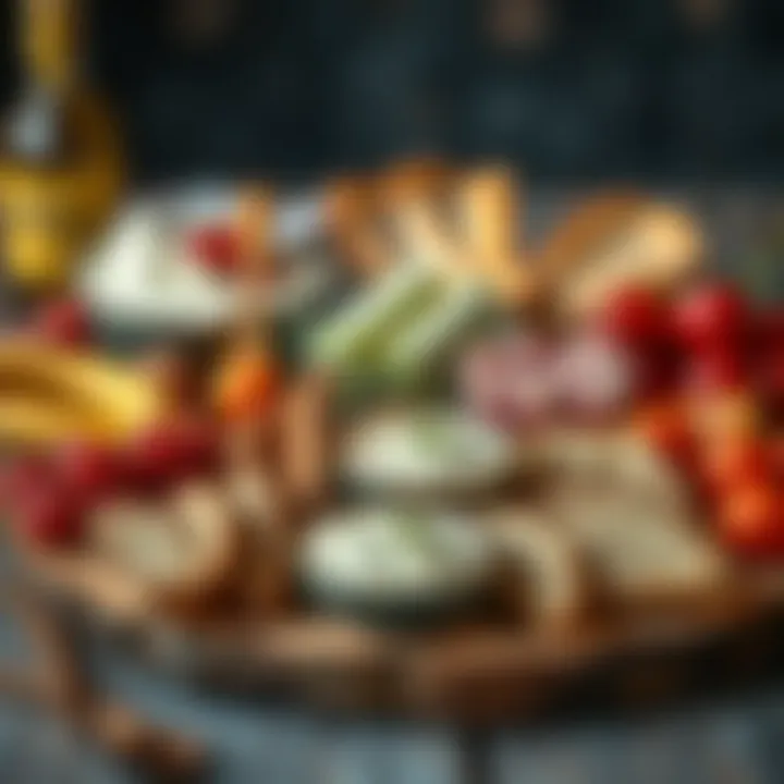 A rustic wooden platter featuring diverse spreads