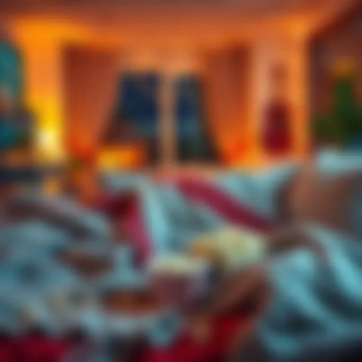 Cozy Home Movie Night Setup A cozy movie night with blankets and popcorn