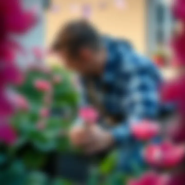 Gardener Caring for Cyclamen Plants A gardener tending to cyclamen plants, illustrating proper care techniques.
