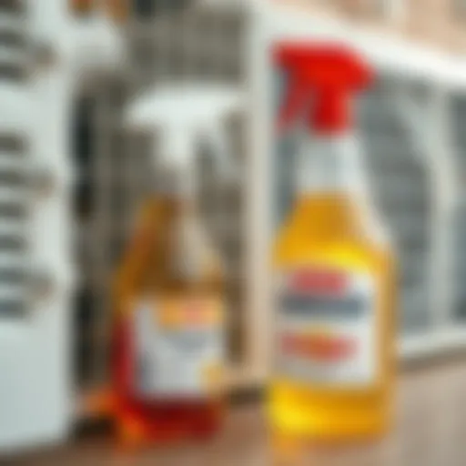Vinegar solution in spray bottle next to air conditioner unit