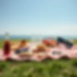 A stylish picnic outfit laid out on grass with accessories