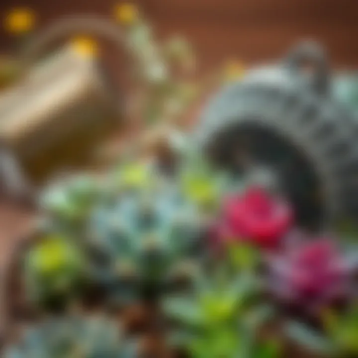 Watering can pouring water onto succulent plants