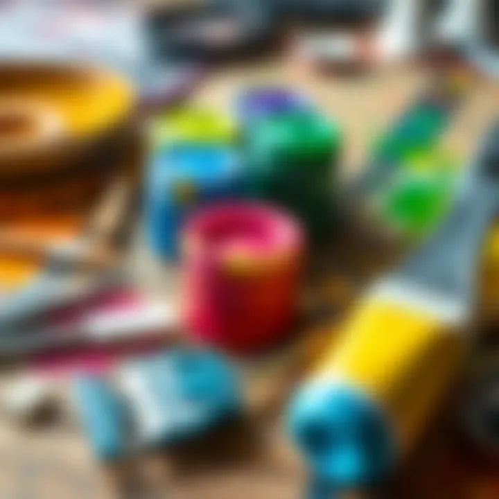 Close-up of paint and tools laid out for a suntalam project