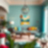 A vibrant living room featuring turquoise accents and complementary colors.