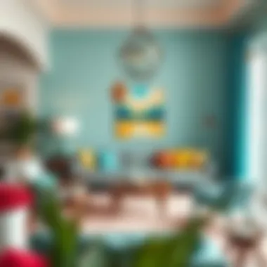 A vibrant living room featuring turquoise accents and complementary colors.