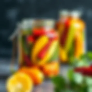 A jar filled with colorful pickled vegetables