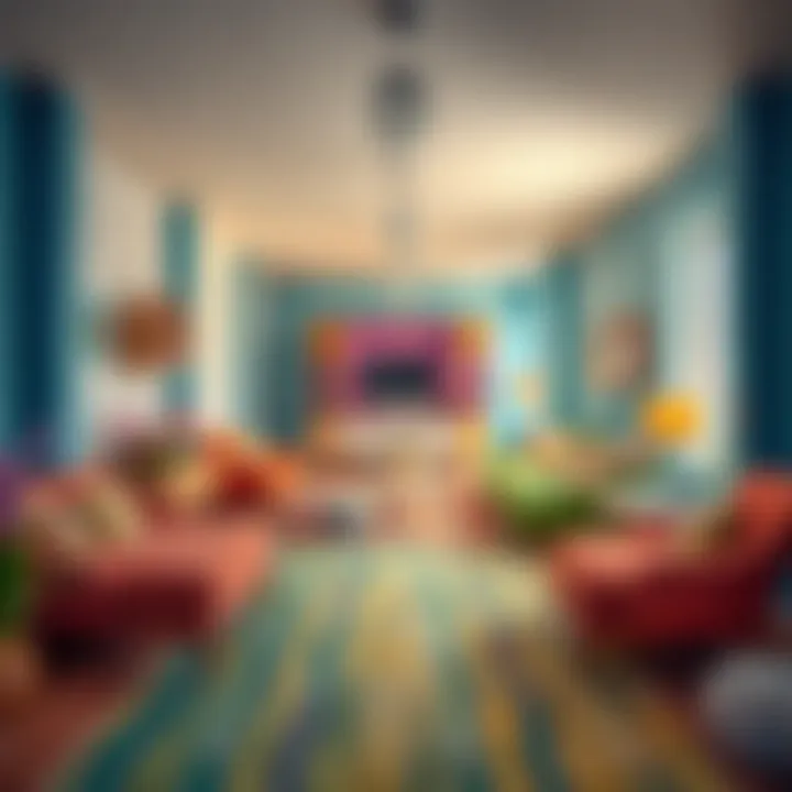 Colorful long space with strategic furniture arrangement