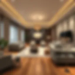 Elegant long living room with modern furniture