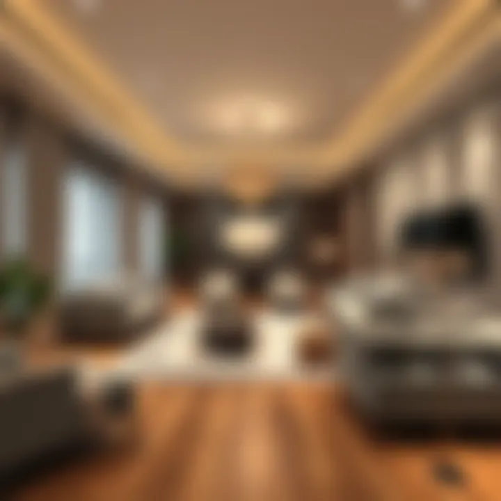 Elegant long living room with modern furniture