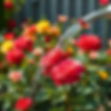 Vibrant roses being watered in a garden