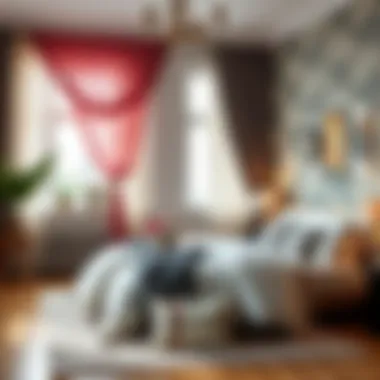 Trendy bedroom showcasing layered window treatments