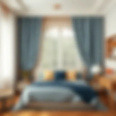 Stylish bedroom adorned with patterned drapes