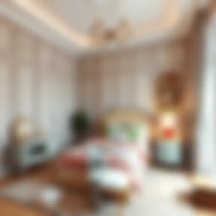 An elegant bedroom decorated with soft pastel colors and sophisticated style