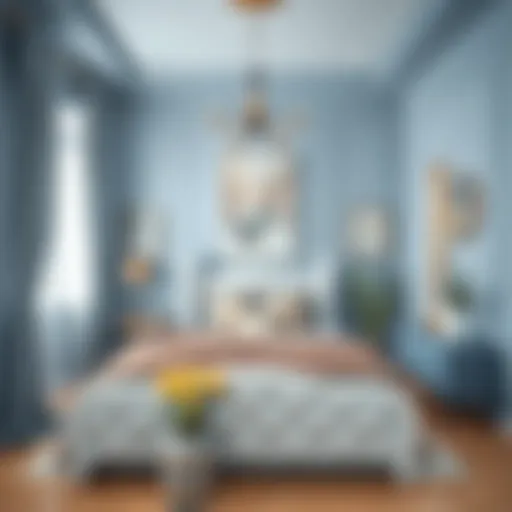 A serene bedroom showcasing calming blue hues and elegant decor