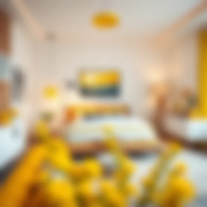 A vibrant bedroom featuring energizing yellow accents and modern furnishings