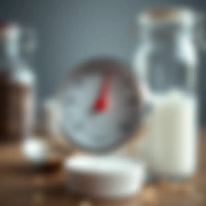 A thermometer showing the perfect temperature for yogurt fermentation